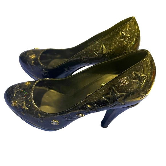 Chanel Black Glitter Star Embossed Patent Leather CC Embellished Platform Pumps - Picture 10 of 16